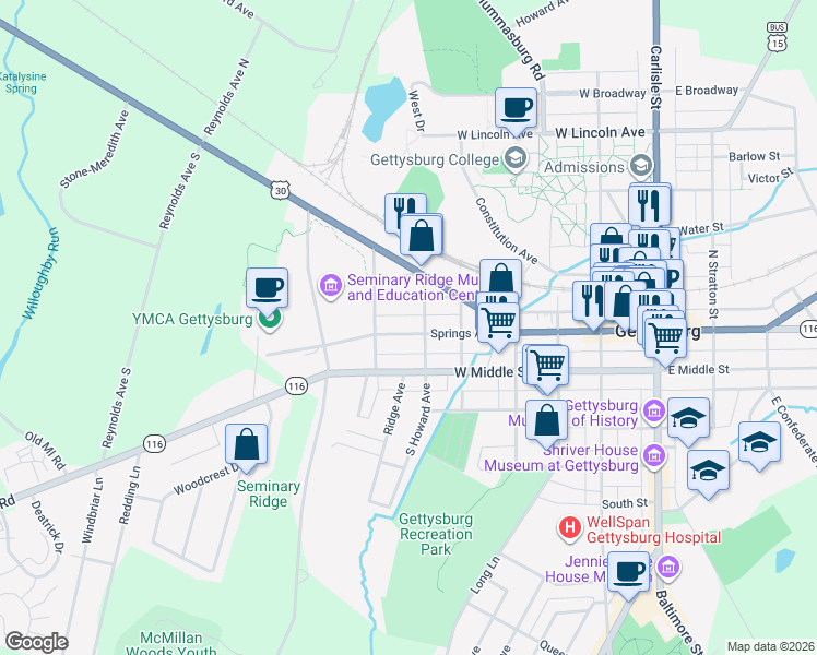map of restaurants, bars, coffee shops, grocery stores, and more near 223 Springs Avenue in Gettysburg