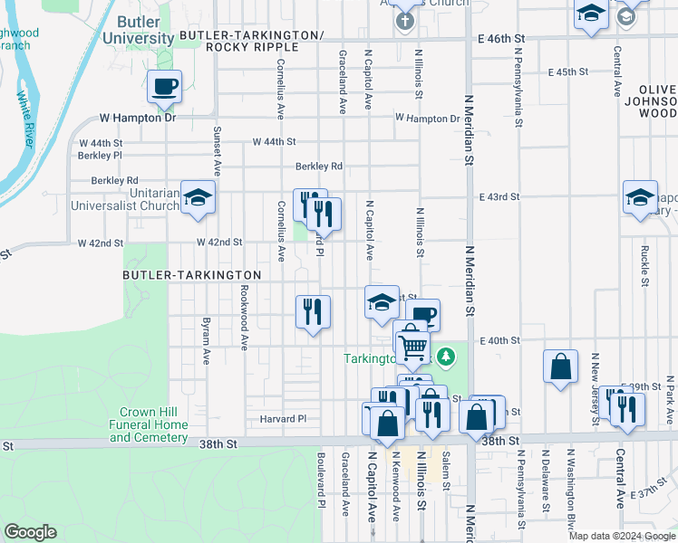 map of restaurants, bars, coffee shops, grocery stores, and more near 4122 Graceland Avenue in Indianapolis