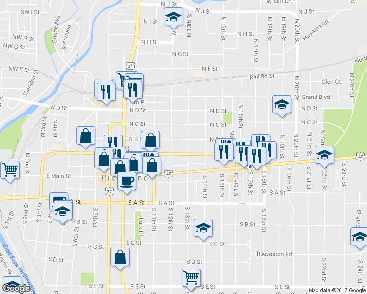 map of restaurants, bars, coffee shops, grocery stores, and more near 110 N 13th St in Richmond