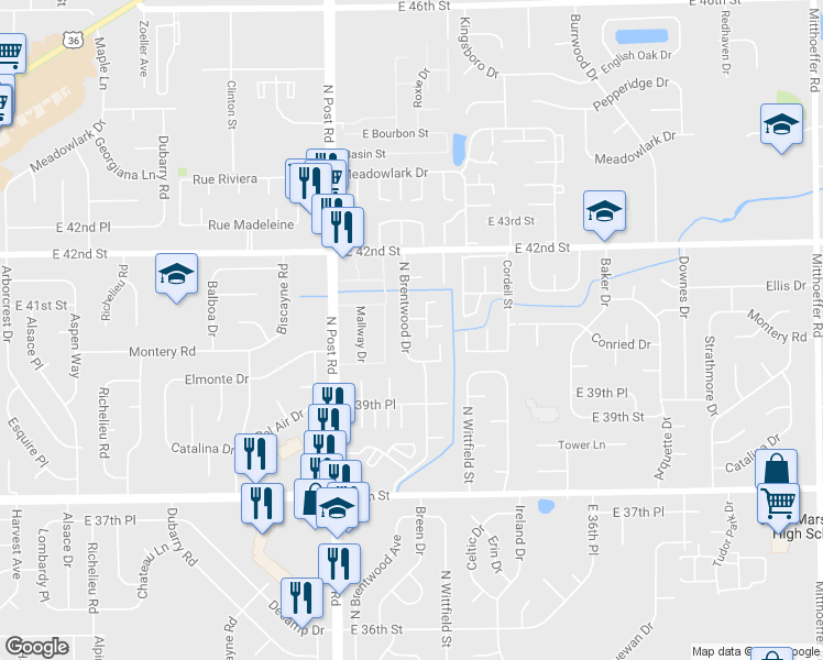 map of restaurants, bars, coffee shops, grocery stores, and more near 4047 Brentwood Drive in Indianapolis