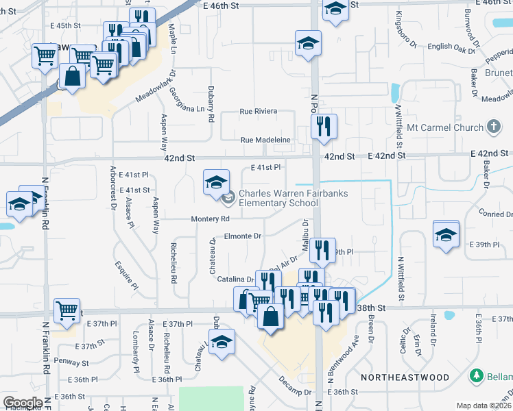 map of restaurants, bars, coffee shops, grocery stores, and more near 4047 Balboa Drive in Indianapolis