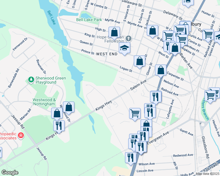 map of restaurants, bars, coffee shops, grocery stores, and more near 10 Mahley Avenue in Woodbury