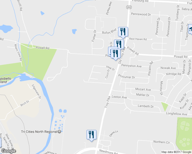 map of restaurants, bars, coffee shops, grocery stores, and more near 4199 Pheasant Ct in Dayton