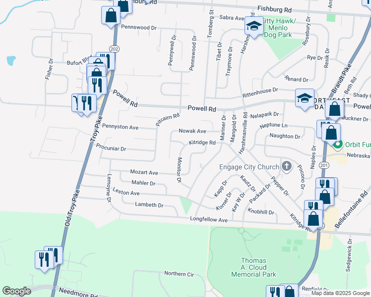 map of restaurants, bars, coffee shops, grocery stores, and more near 5280 Monitor Drive in Dayton