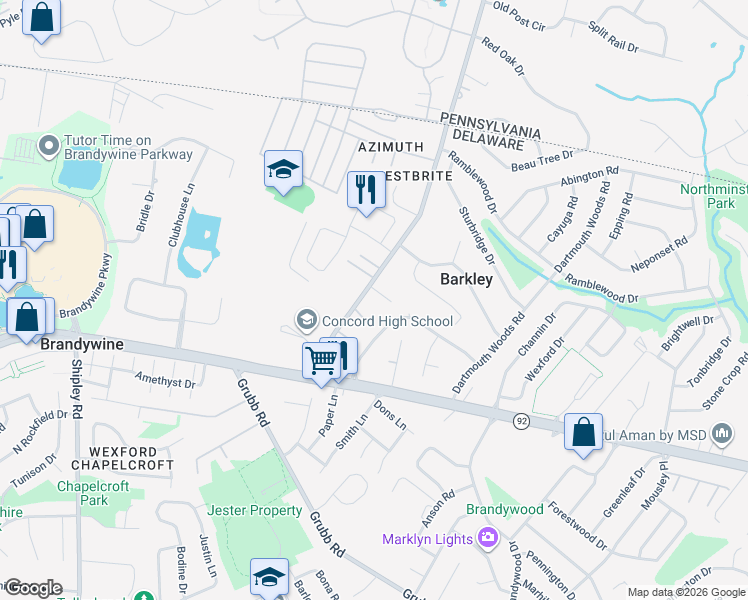 map of restaurants, bars, coffee shops, grocery stores, and more near 2526 Ebright Road in Wilmington