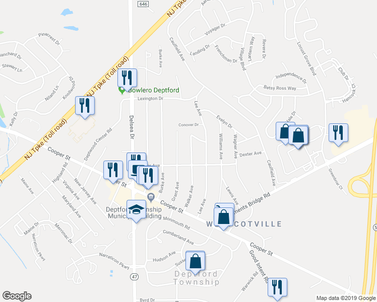 map of restaurants, bars, coffee shops, grocery stores, and more near 139 Walker Avenue in Deptford