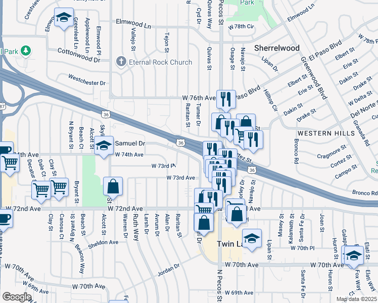 map of restaurants, bars, coffee shops, grocery stores, and more near 1861 Samuel Drive in Denver