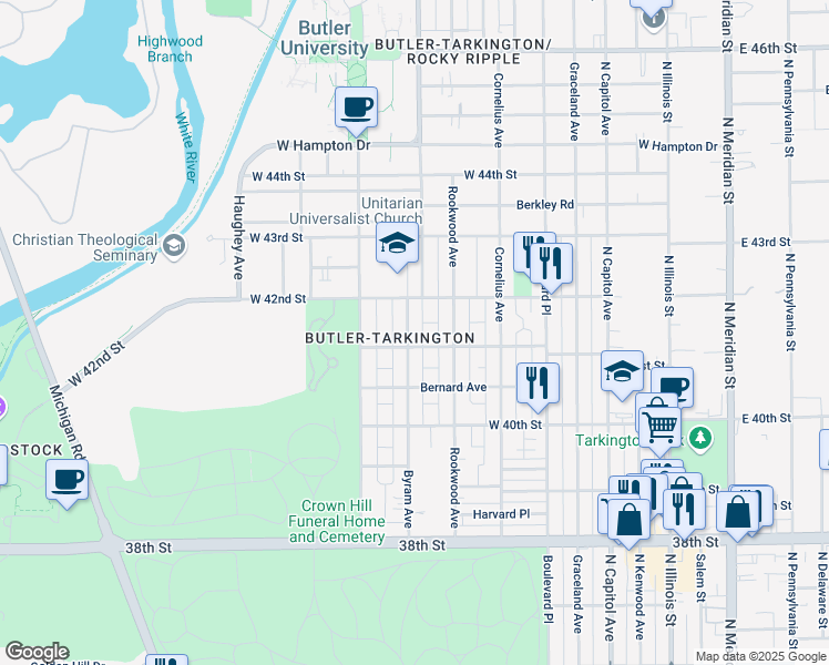 map of restaurants, bars, coffee shops, grocery stores, and more near 4115 Byram Avenue in Indianapolis
