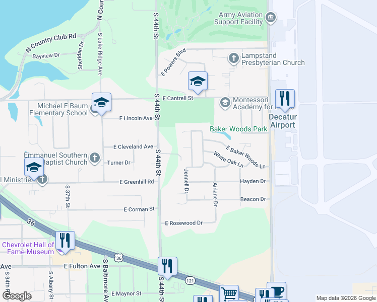 map of restaurants, bars, coffee shops, grocery stores, and more near 4501-4599 E Hickory Pl in Decatur
