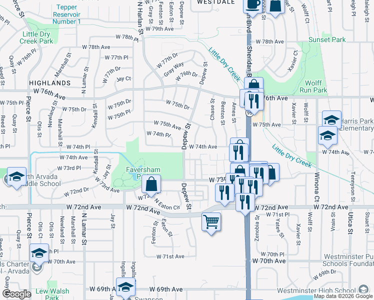 map of restaurants, bars, coffee shops, grocery stores, and more near 5590 West 74th Avenue in Arvada