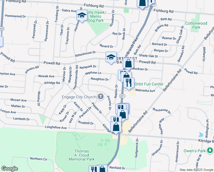 map of restaurants, bars, coffee shops, grocery stores, and more near 4861 Nebraska Avenue in Dayton