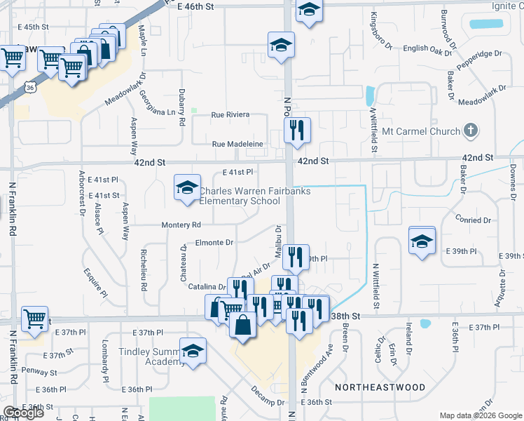 map of restaurants, bars, coffee shops, grocery stores, and more near 4047 Biscayne Road in Indianapolis