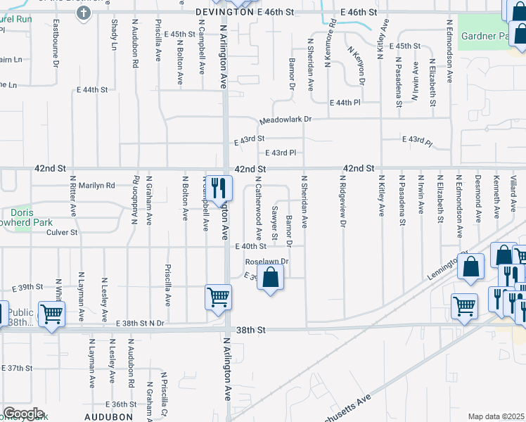 map of restaurants, bars, coffee shops, grocery stores, and more near 4061 North Catherwood Avenue in Indianapolis
