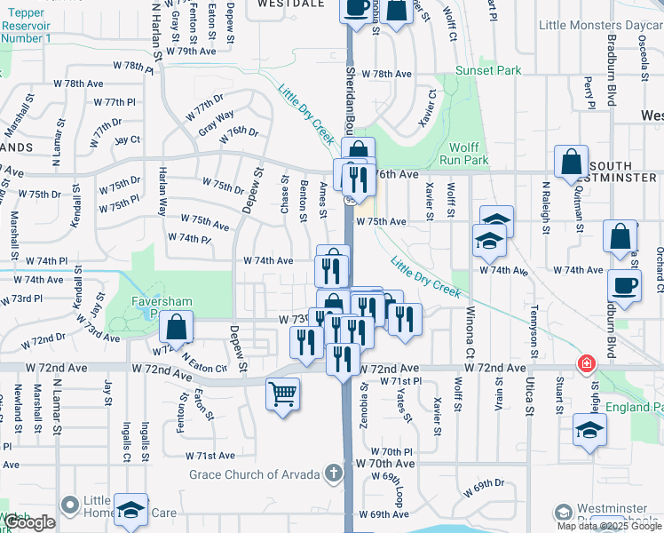 map of restaurants, bars, coffee shops, grocery stores, and more near 7400 Ames Street in Arvada