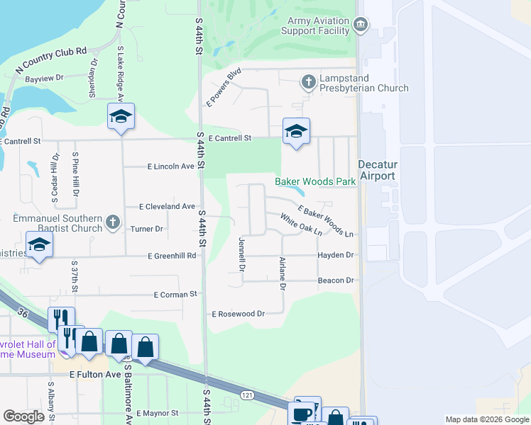 map of restaurants, bars, coffee shops, grocery stores, and more near 4601 White Oak Lane in Decatur