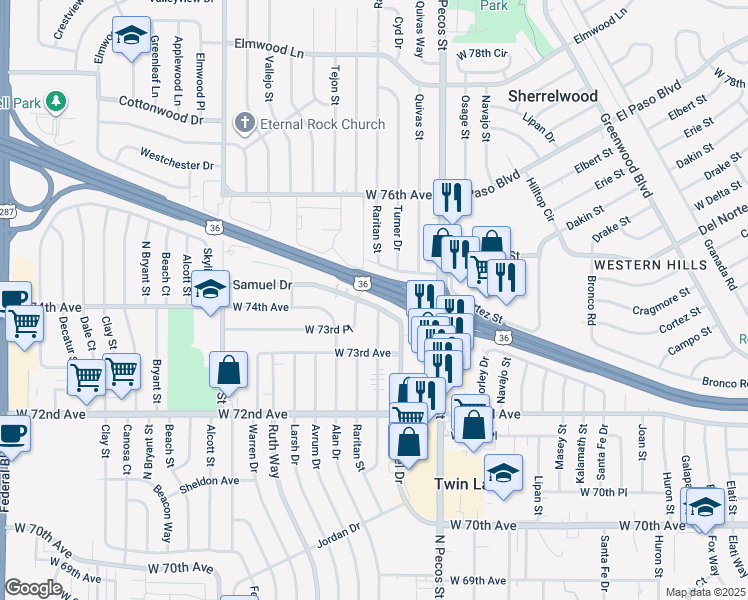 map of restaurants, bars, coffee shops, grocery stores, and more near 1861 Samuel Drive in Denver