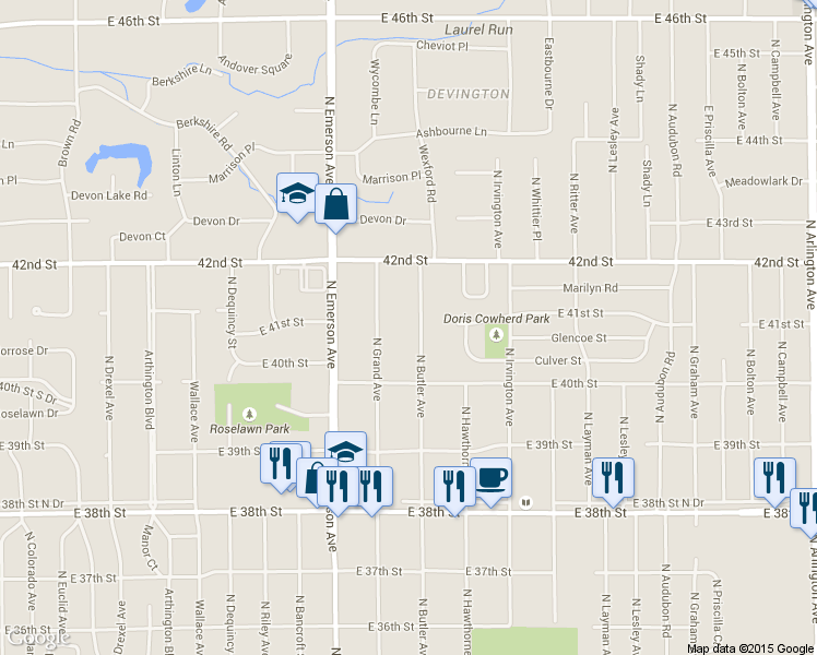 map of restaurants, bars, coffee shops, grocery stores, and more near 4072 N Butler Ave in Indianapolis