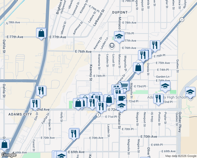map of restaurants, bars, coffee shops, grocery stores, and more near 7401 Krameria Street in Commerce City