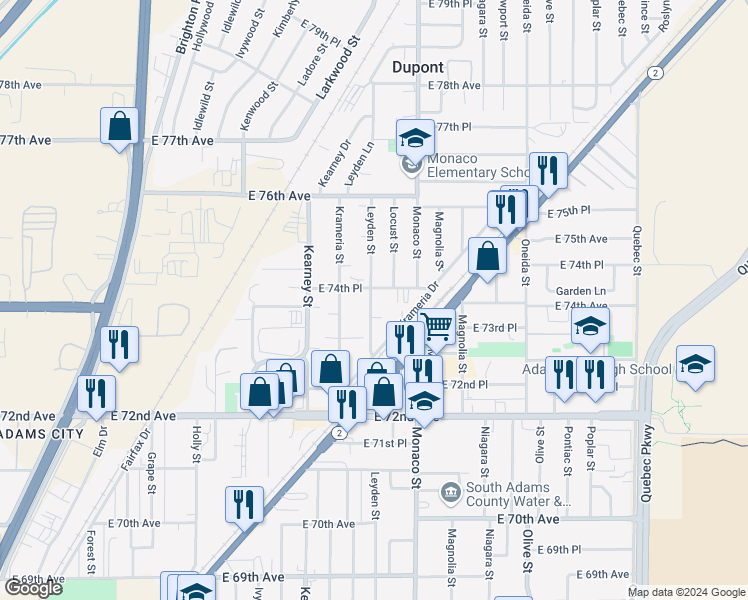 map of restaurants, bars, coffee shops, grocery stores, and more near 7410 Leyden Street in Commerce City