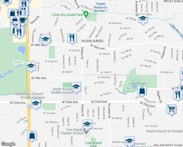 map of restaurants, bars, coffee shops, grocery stores, and more near 6600 West 74th Place in Arvada