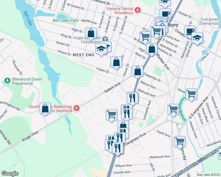 map of restaurants, bars, coffee shops, grocery stores, and more near 511 Salem Avenue in Woodbury