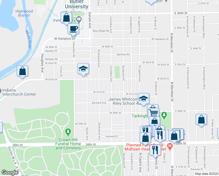 map of restaurants, bars, coffee shops, grocery stores, and more near 4114 Cornelius Avenue in Indianapolis