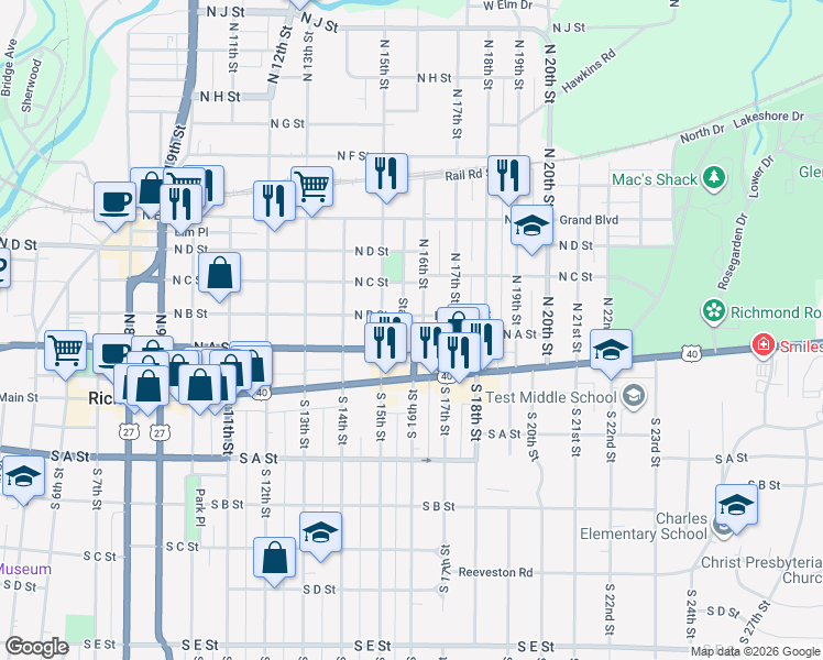 map of restaurants, bars, coffee shops, grocery stores, and more near 112 1/2 North 16th Street in Richmond