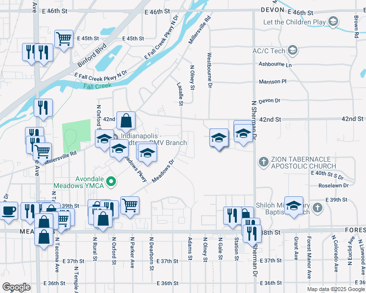 map of restaurants, bars, coffee shops, grocery stores, and more near 4111 Meadows Drive in Indianapolis
