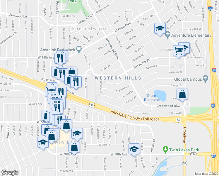 map of restaurants, bars, coffee shops, grocery stores, and more near 941 Cragmore Street in Denver