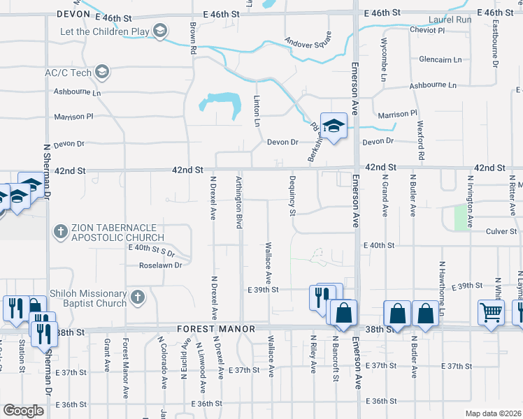 map of restaurants, bars, coffee shops, grocery stores, and more near 4068 Wallace Avenue in Indianapolis