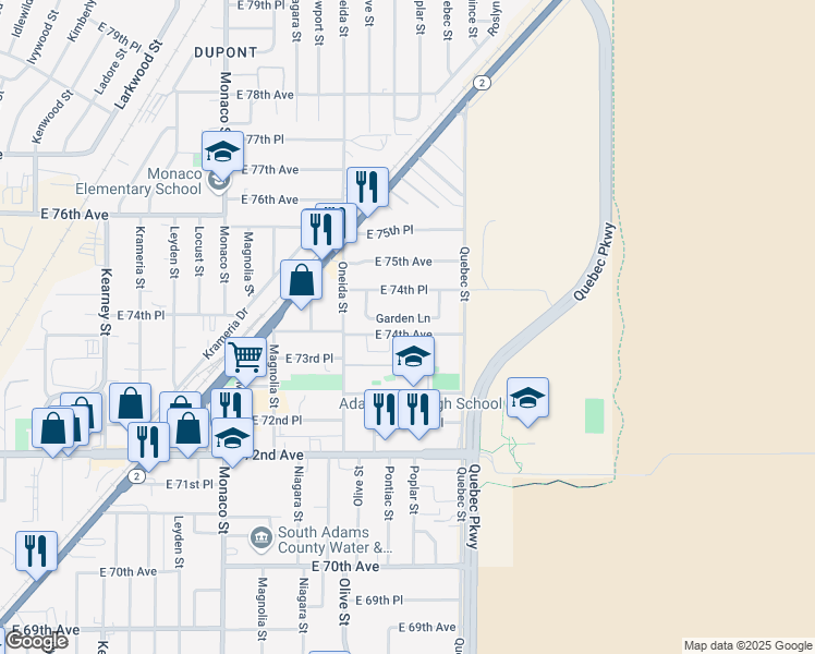 map of restaurants, bars, coffee shops, grocery stores, and more near 7120 Garden Lane in Commerce City
