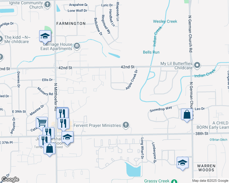 map of restaurants, bars, coffee shops, grocery stores, and more near 10423 Apple Creek Drive in Indianapolis