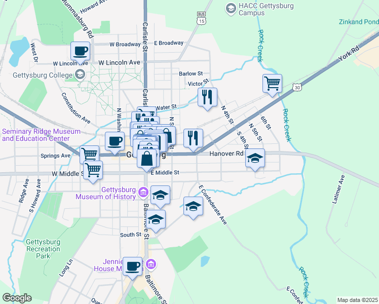 map of restaurants, bars, coffee shops, grocery stores, and more near 150 York Street in Gettysburg