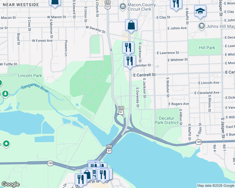 map of restaurants, bars, coffee shops, grocery stores, and more near 957 South Water Street in Decatur