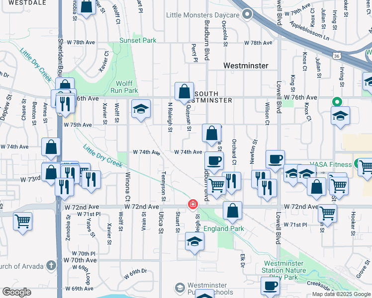 map of restaurants, bars, coffee shops, grocery stores, and more near 4061 West 74th Avenue in Westminster
