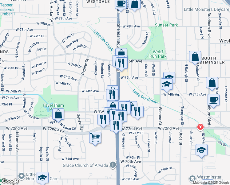 map of restaurants, bars, coffee shops, grocery stores, and more near 7400 Ames Street in Arvada
