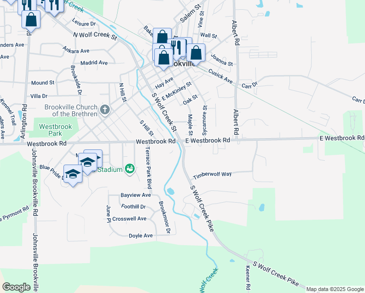 map of restaurants, bars, coffee shops, grocery stores, and more near 401 South Wolf Creek Street in Brookville