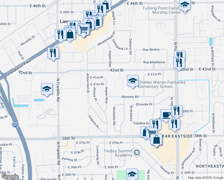 map of restaurants, bars, coffee shops, grocery stores, and more near 4008 Richelieu Road in Indianapolis