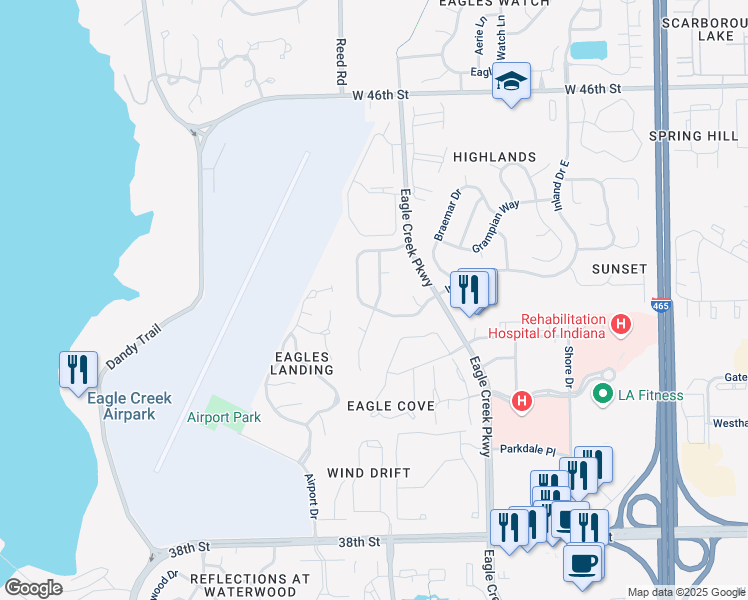 map of restaurants, bars, coffee shops, grocery stores, and more near 4218 Eagle Bay West Drive in Indianapolis