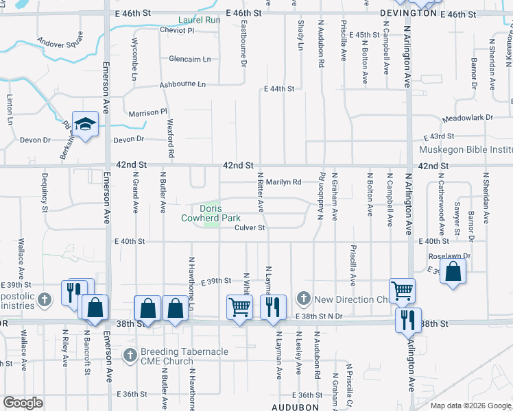 map of restaurants, bars, coffee shops, grocery stores, and more near 4046 North Ritter Avenue in Indianapolis