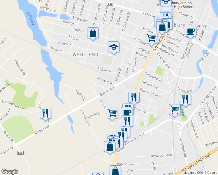 map of restaurants, bars, coffee shops, grocery stores, and more near 536 Salem Avenue in Woodbury