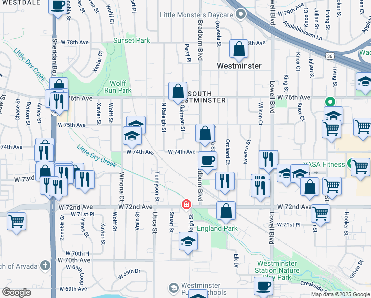 map of restaurants, bars, coffee shops, grocery stores, and more near 4061 West 74th Avenue in Westminster