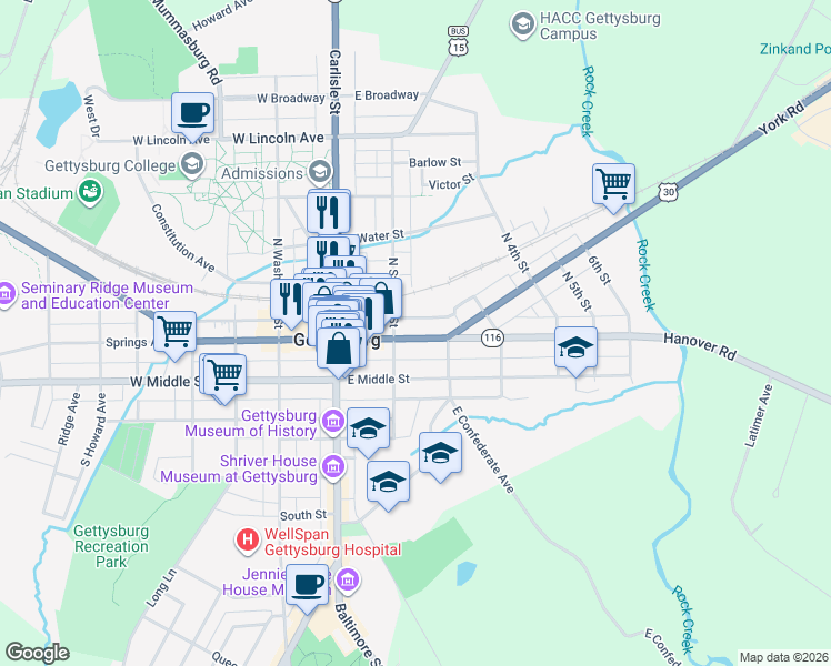 map of restaurants, bars, coffee shops, grocery stores, and more near 126 York Street in Gettysburg