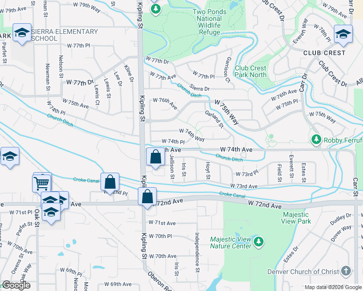 map of restaurants, bars, coffee shops, grocery stores, and more near 9718 West 74th Place in Arvada