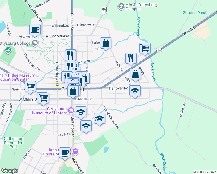map of restaurants, bars, coffee shops, grocery stores, and more near 4 Hanover Street in Gettysburg