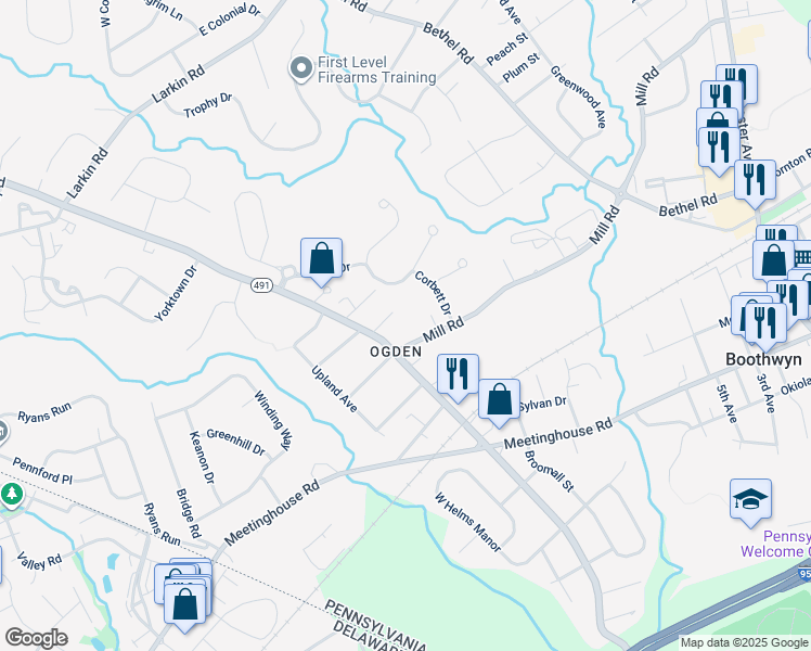 map of restaurants, bars, coffee shops, grocery stores, and more near 2446 Mill Road in Boothwyn