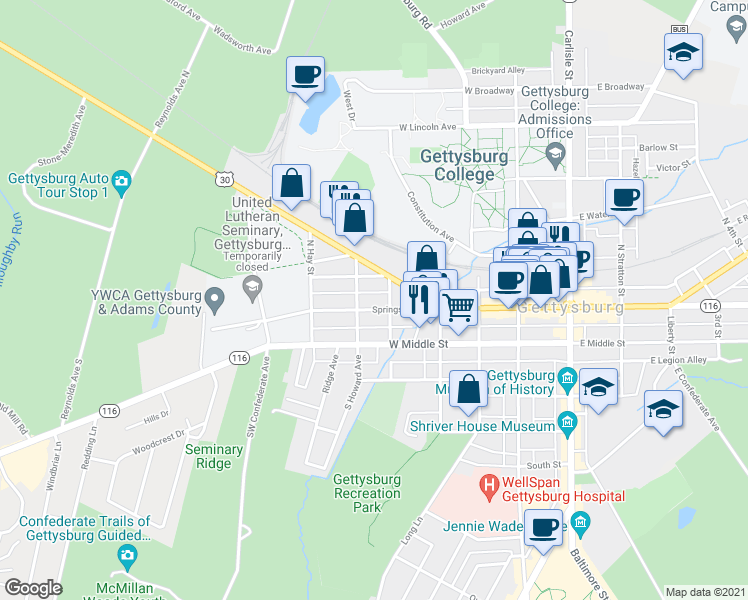 map of restaurants, bars, coffee shops, grocery stores, and more near 123 Springs Avenue in Gettysburg