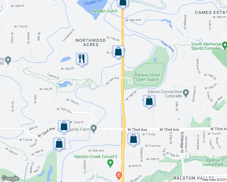 map of restaurants, bars, coffee shops, grocery stores, and more near 7461 Isabell Circle in Arvada
