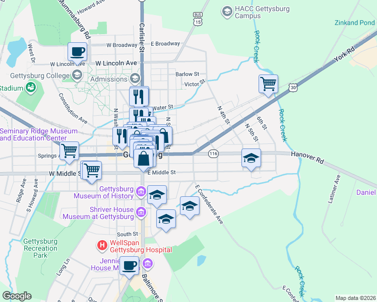 map of restaurants, bars, coffee shops, grocery stores, and more near 156 York Street in Gettysburg