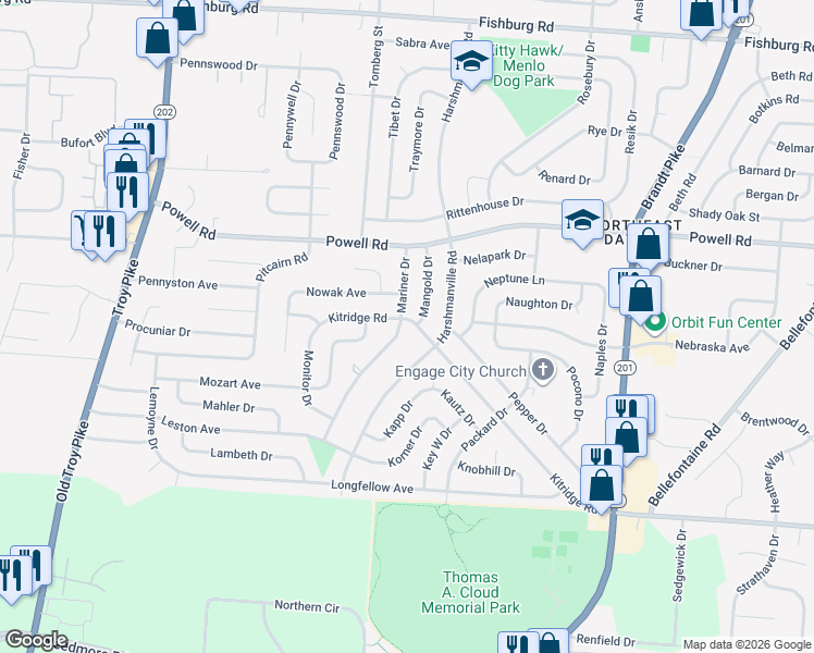 map of restaurants, bars, coffee shops, grocery stores, and more near 5384 Mariner Drive in Dayton